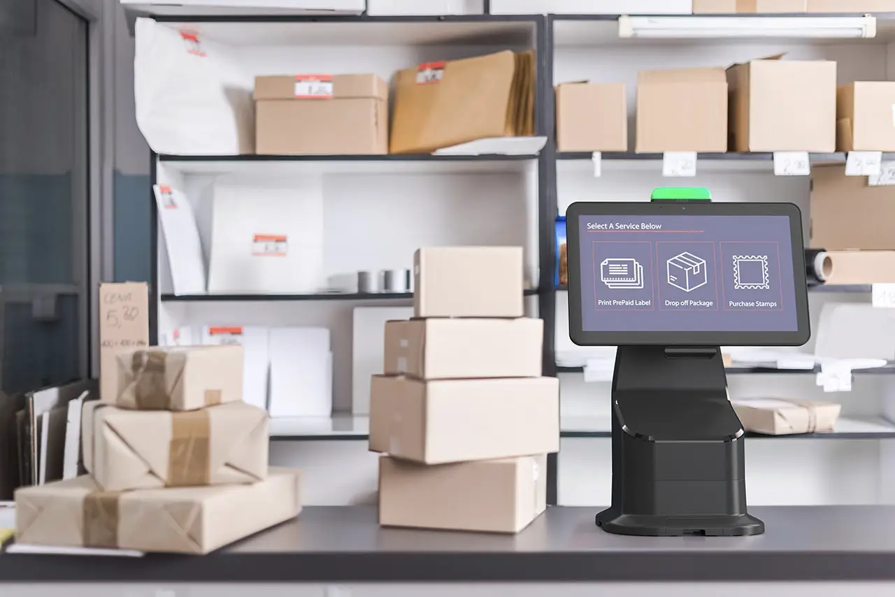 borne libre service avec scanner codes barres zebra KC50 pouces