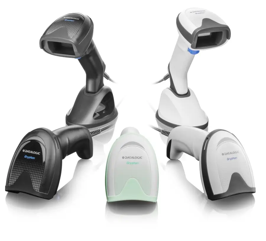 Lecteur Datalogic Gryphon capturant un QR code sur étiquette produit.