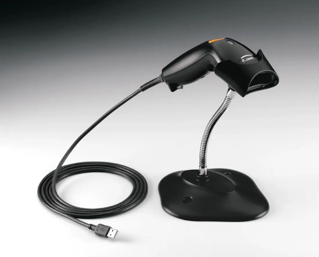 Zebra LS1203 sur support de présentation.