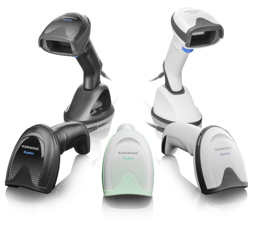 Lecteur Datalogic Gryphon capturant un QR code sur étiquette produit.