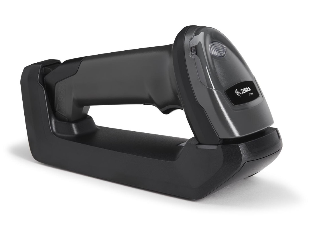 Scanner sans‑fil Zebra CS6080 sur base Qi.