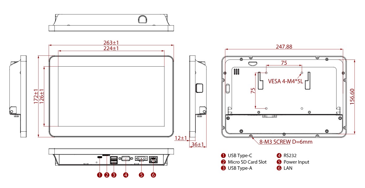 Dimensions panel PC Winmate Série S 10,1 pouces 264x173x35mm Dimensions panel PC Winmate Série S 10,1 pouces 264x173x35mm