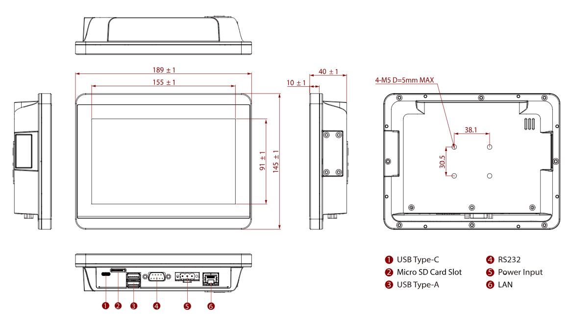 Plan de d&eacute;coupe panel PC Winmate 7 pouces 175x131mm montage