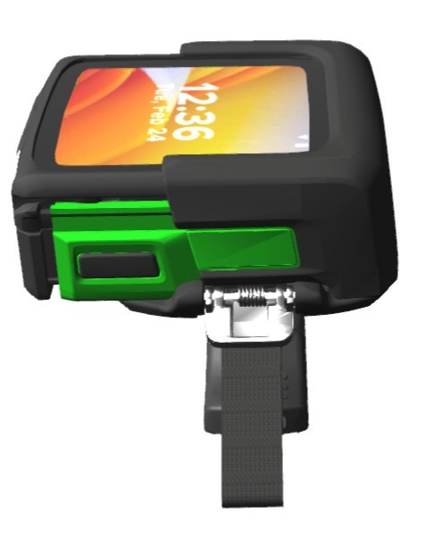 Solution informatique mains libres Zebra WS501 portée par un opérateur en zone de déchargement.