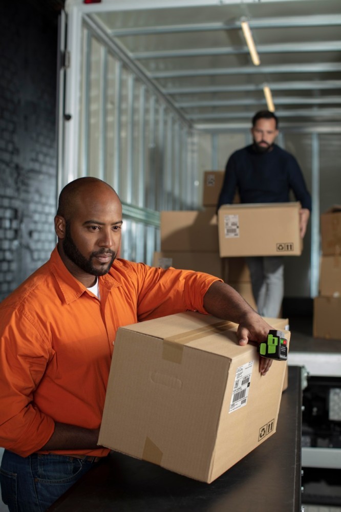 Employé d'entrepôt utilisant le Zebra WS501 en mode mains libres pour la préparation de commandes.