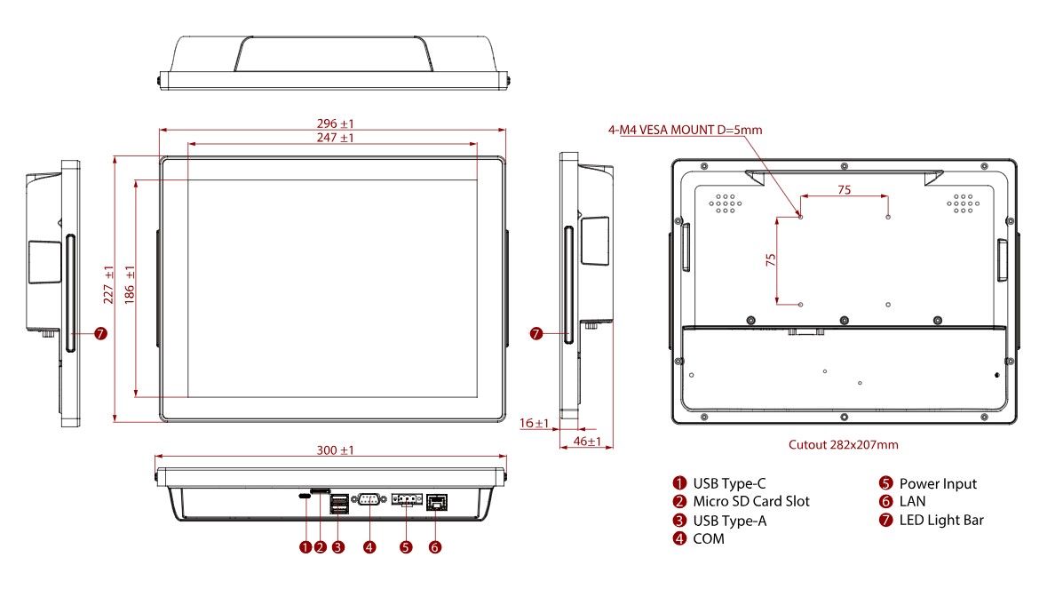 Dimensions panneau PC Winmate Série S 12,1 pouces 296x227x46mm Dimensions panneau PC Winmate Série S 12,1 pouces 296x227x46mm