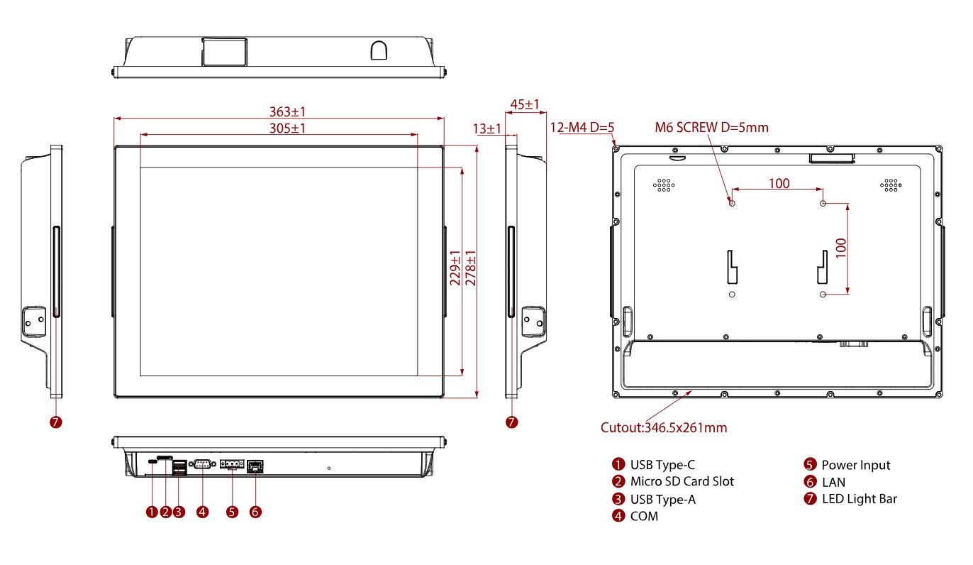 Plan de dÃ©coupe panneau PC Winmate 15 pouces 346x261mm montage