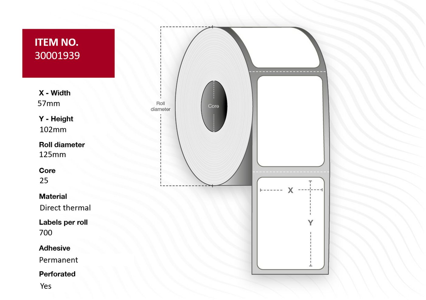 Capture - 30001939 - Capture étiquette 57x102 - Core 25. thermique direct.  White, Permanent. 700 labels  per roll, 12 rolls per box