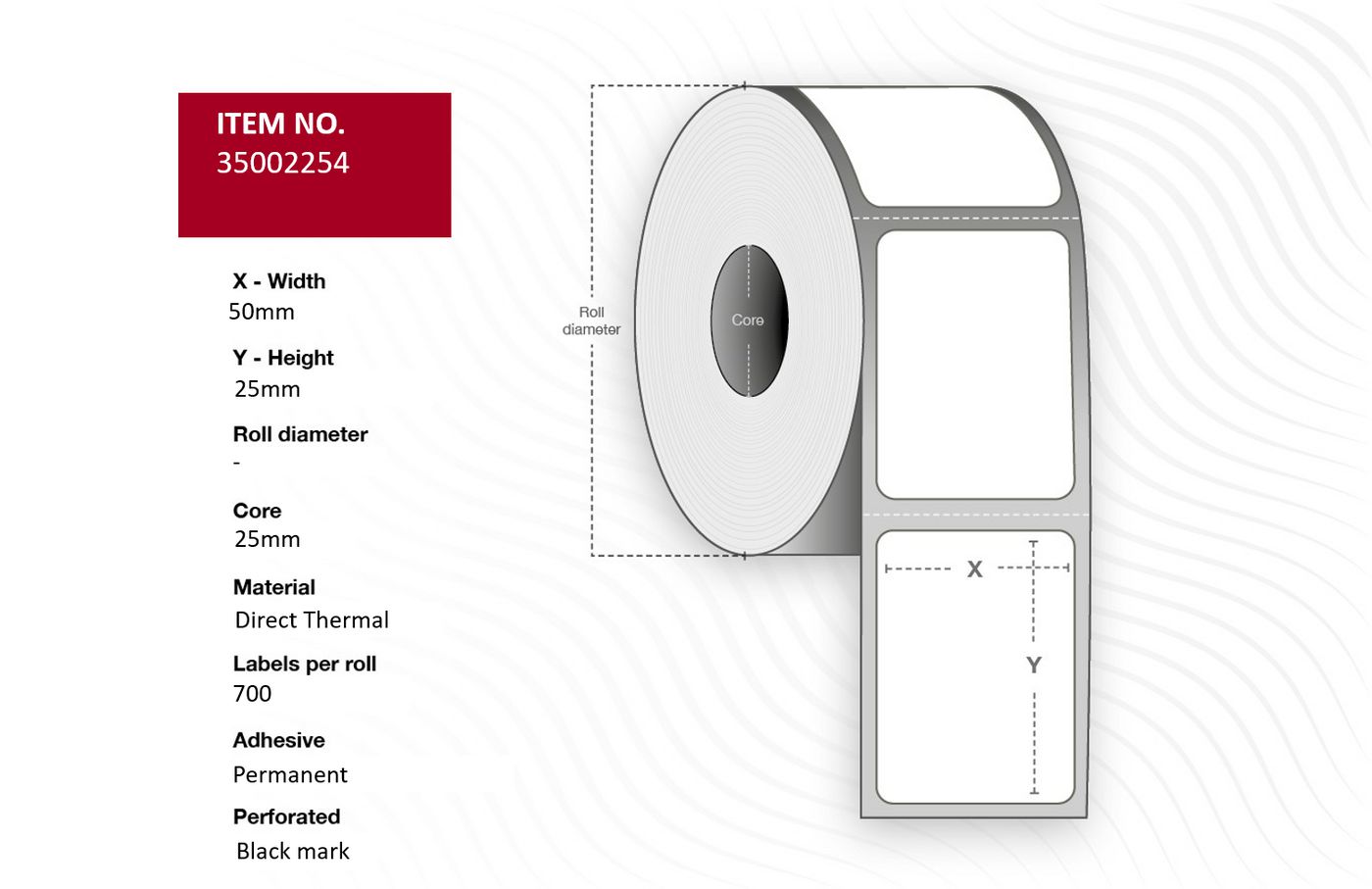 Capture - 35002254 - Capture étiquette 50x25 - Core 19. White.  thermique direct. Permanent. 700 labels per  roll. 20 rolls per box. Black Mark