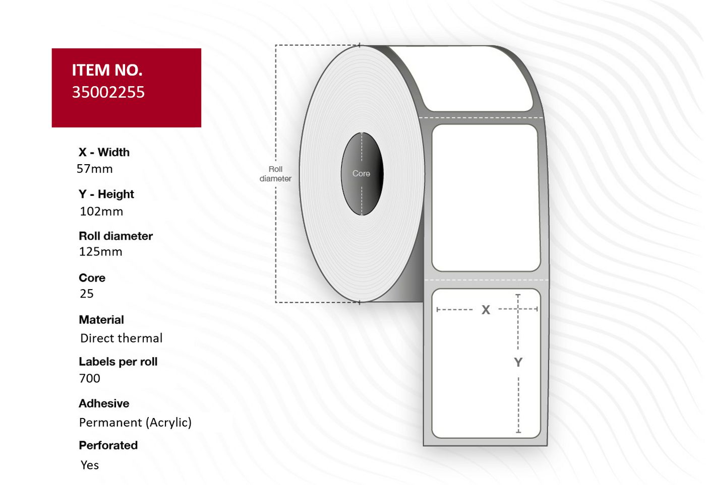 Capture - 35002255 - Capture étiquette 57x102 - Core 25. thermique direct.  Yellow, Permanent. 700 labels  per roll, 24 rolls per box