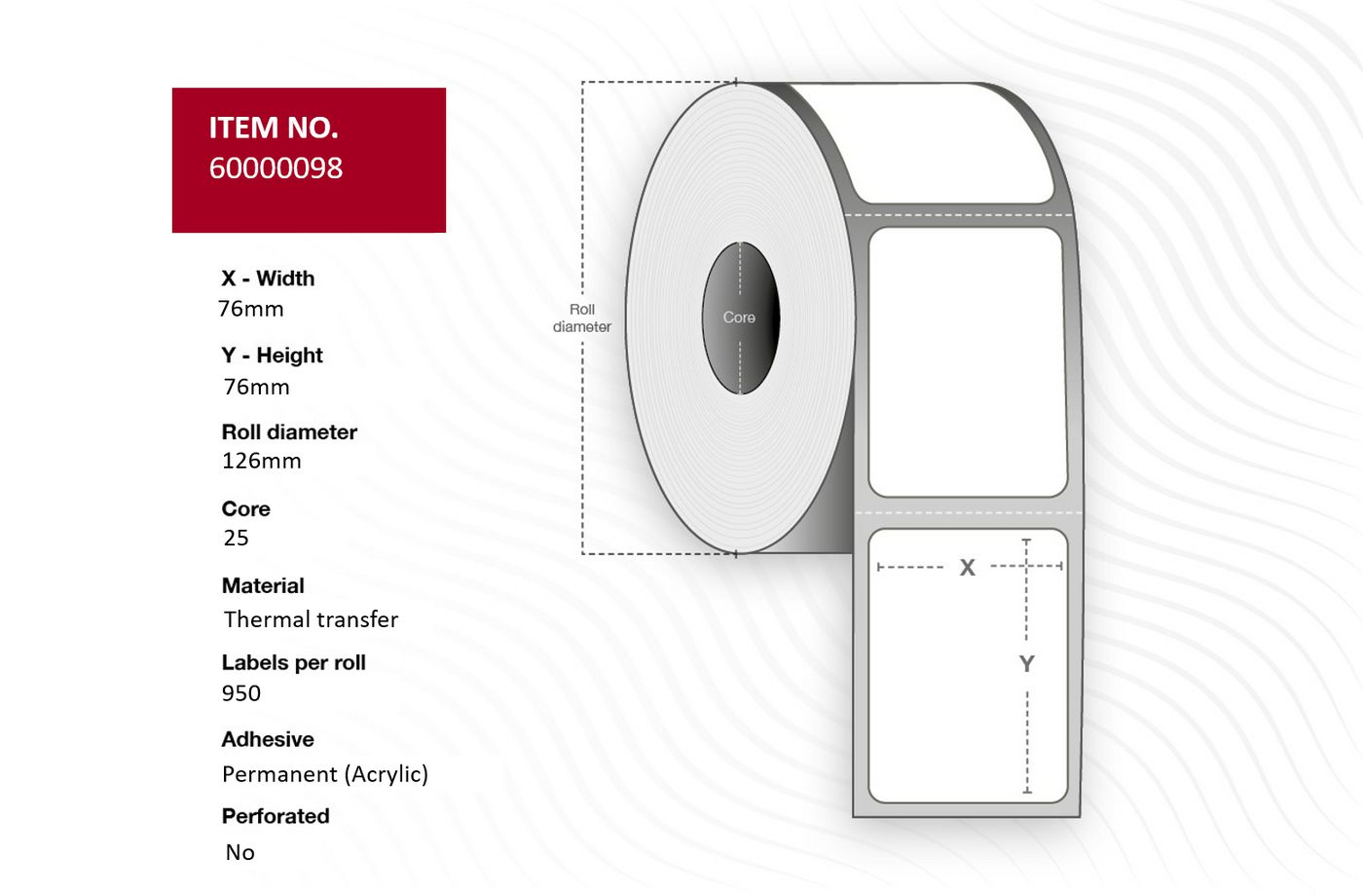 Capture - 60000098 - Capture étiquette 76x76 - Core 25.  Thermal Transfer, Permanent.  950 labels per roll, 12 rolls pr box.