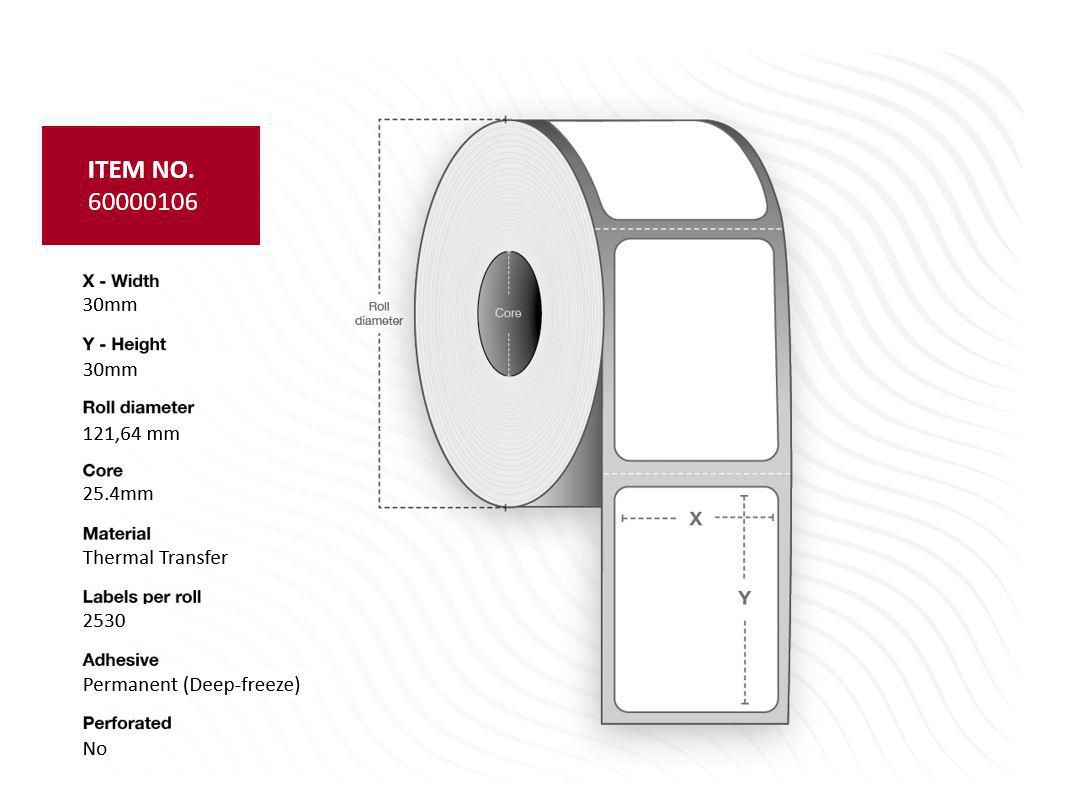 Capture - 60000106 - Capture étiquette 30x30 - Core 25,4mm.  transfert thermique. White, Deep-freeze  (Hotmelt). 2530 labels per roll, 12 rolls per box