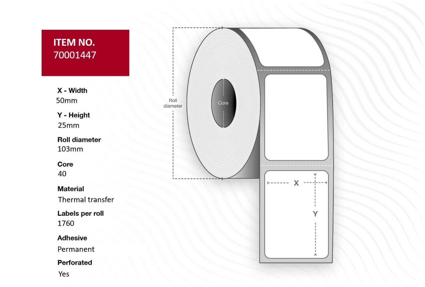 Capture - 70001447 - Capture étiquette 50x25 - mandrin 40mm. White.  Perforated. Thermal Transfer.  Permanent. 1.760 labels per roll. 24 rolls per box