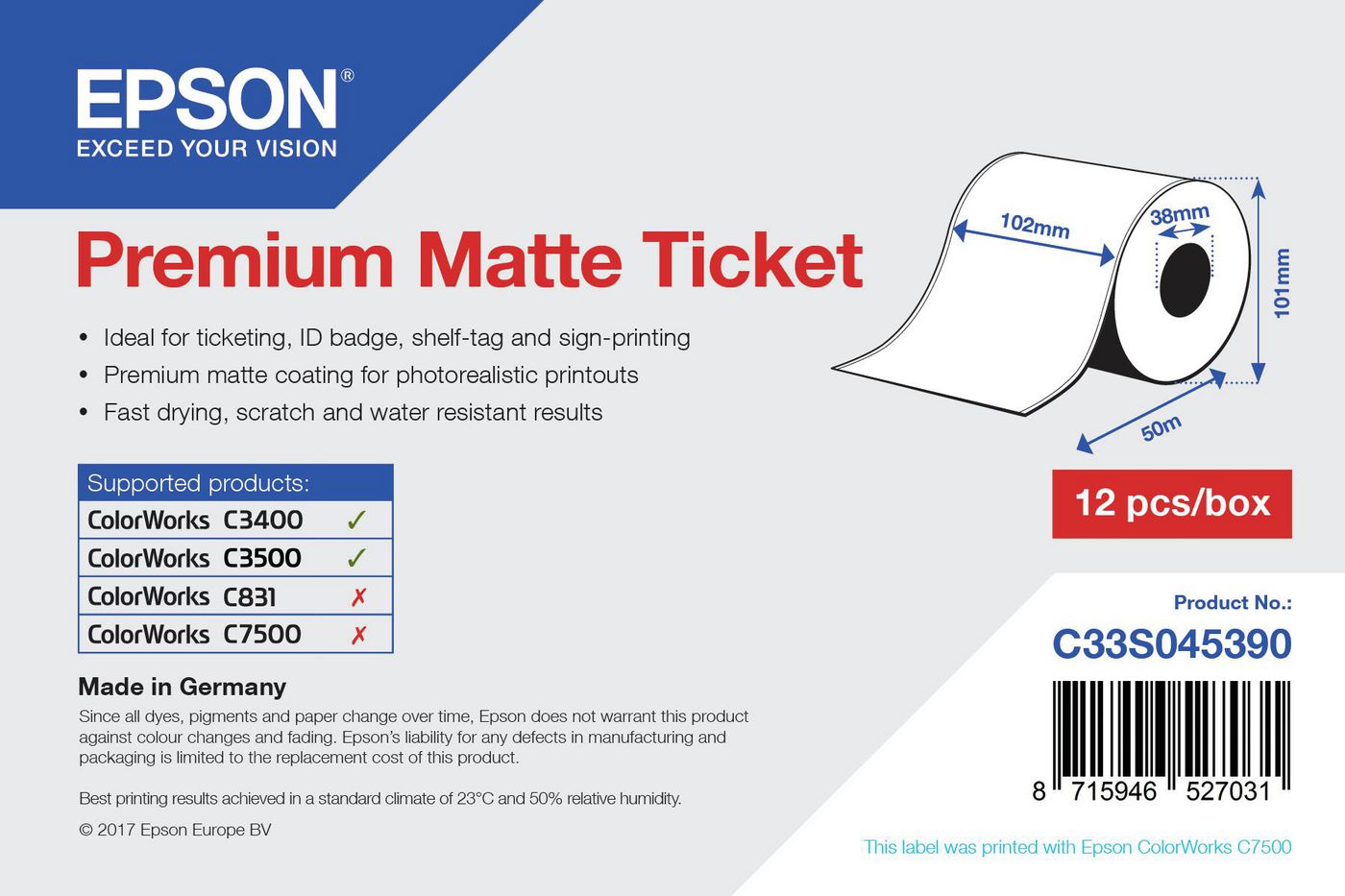 EPSON POS - C33S045390 - Epson rouleau de tickets et bons (continu), papier normal, 102 mm