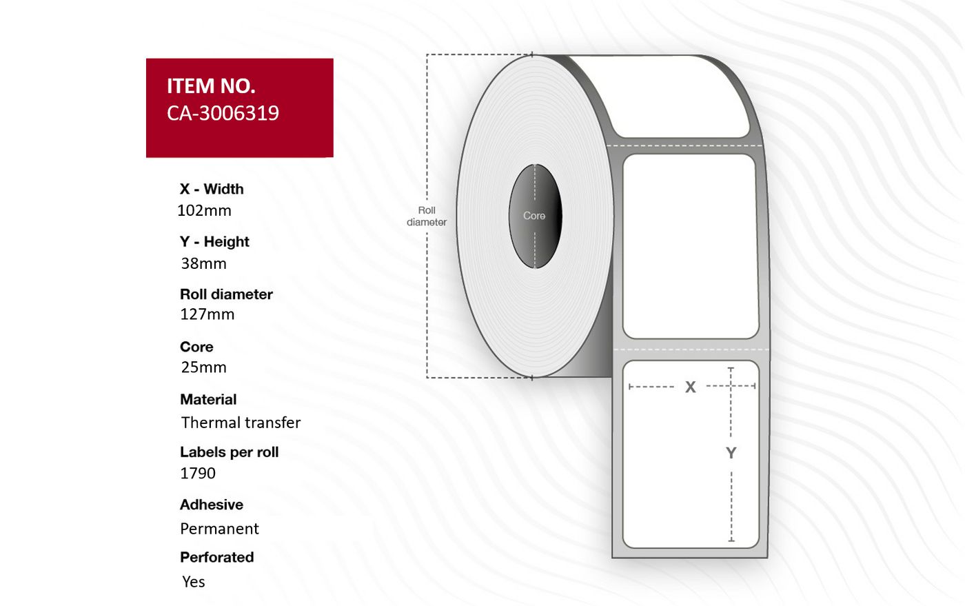 Capture - CA-3006319 - Capture étiquette 102 x 38mm, Core 25mm,  Thermal Transfer, Coated,  Permanent, Perforated, 1790 labels per roll, 12 rolls per box