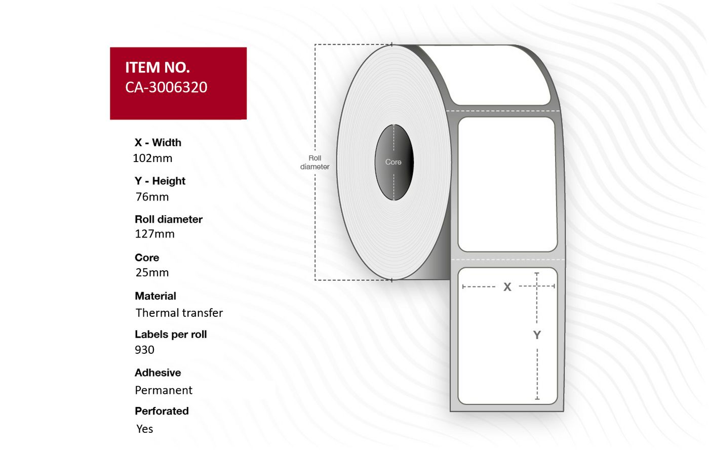 Capture - CA-3006320 - Capture étiquette 102 x 76mm, Core 25mm,  Thermal Transfer, Coated,  Permanent, Perforated, 930 labels per roll, 12 rolls per box