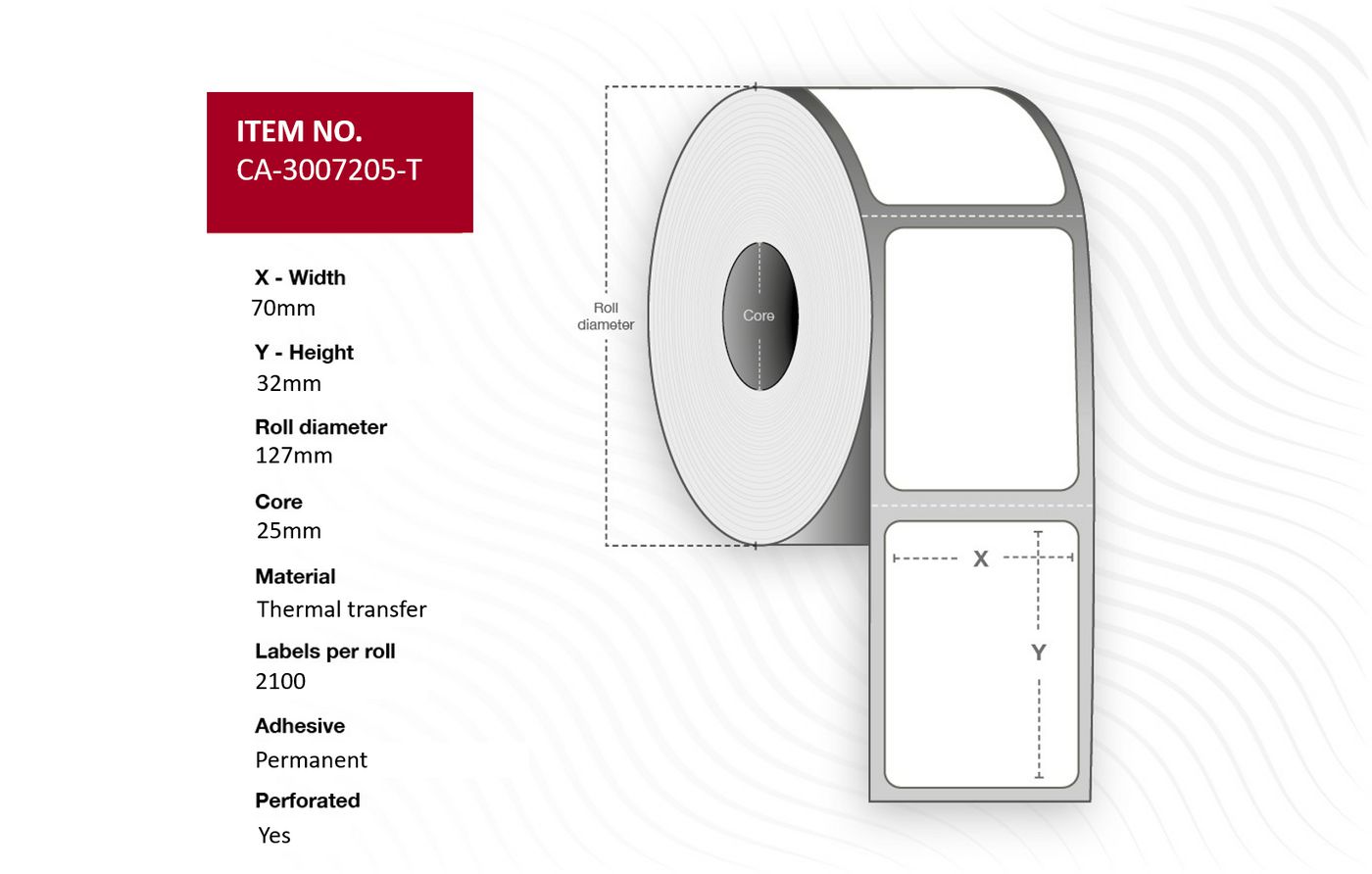 Capture - CA-3007205-T - Capture étiquette 70 x 32mm, Core 25mm,  Thermal Transfer, Coated,  Permanent, Perforated, 2100 labels per roll, 4 rolls per box