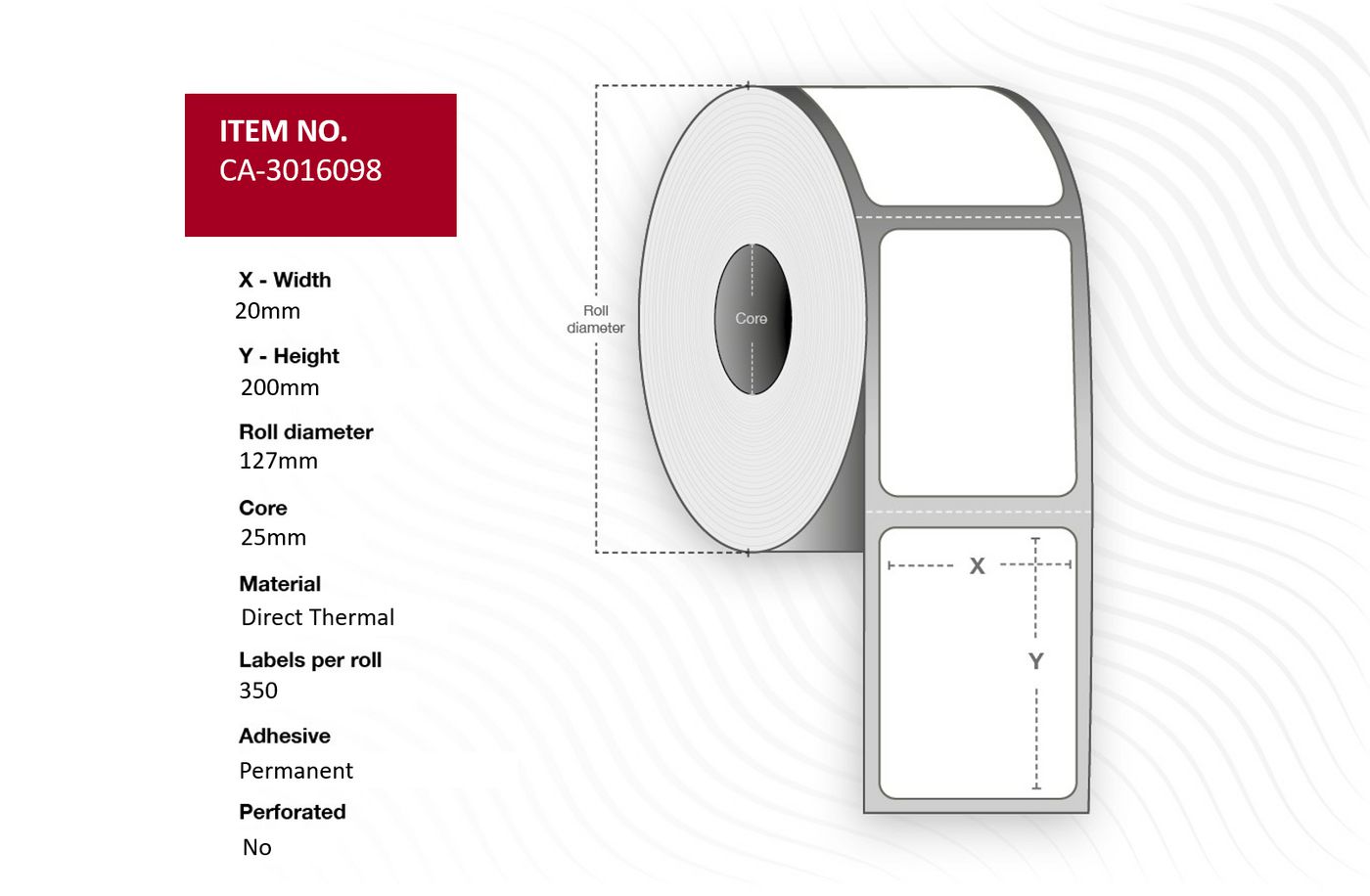 Capture - CA-3016098 - Capture étiquette 20x200, Direct thermal,  Core 25, Outer diameter  127mm, Non-perforated, Non-coated, 350 labels per roll, 10 rolls per box.