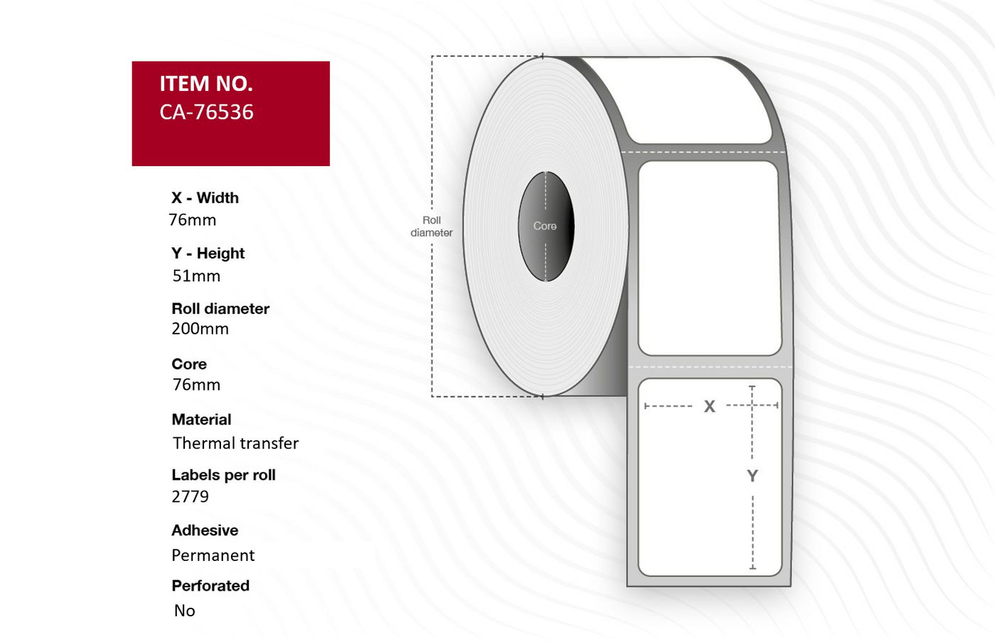 Capture - CA-76536 - Capture étiquette 76 x 51mm, Core 76mm,  Thermal Transfer, Polyester,  Permanent, No perforation, 2779 labels per roll, 6 rolls per box