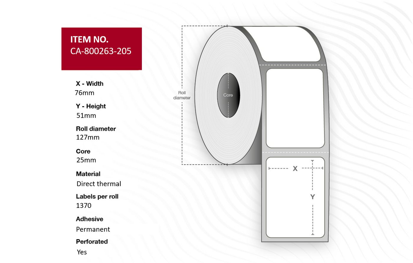 Capture - CA-800263-205 - Capture étiquette 76 x 51mm, Core 25mm,  Direct Thermal, Coated,  Permanent, Perforated, 1370 labels per roll, 12 rolls per box