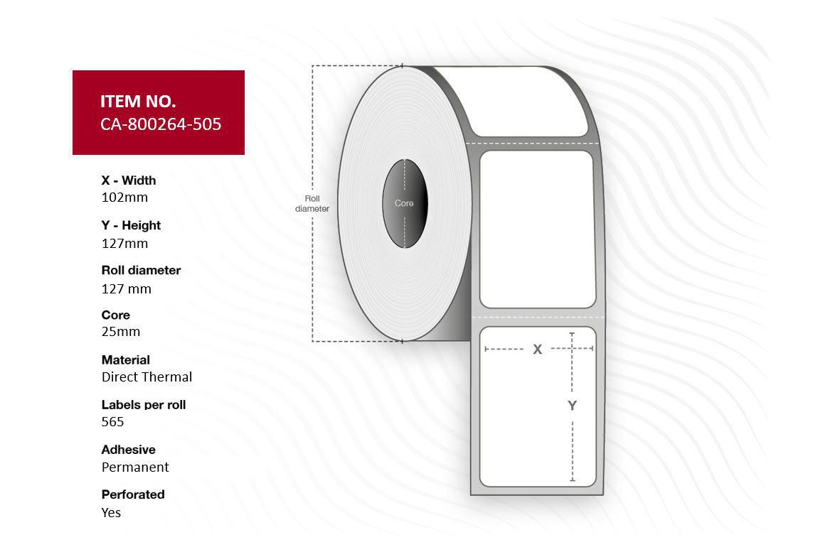 Capture - CA-800264-505 - Capture étiquette 102 x 127mm, Core 25mm,  Direct Thermal, Coated,  Permanent, Perforated, 565 labels per roll, 12 rolls per box