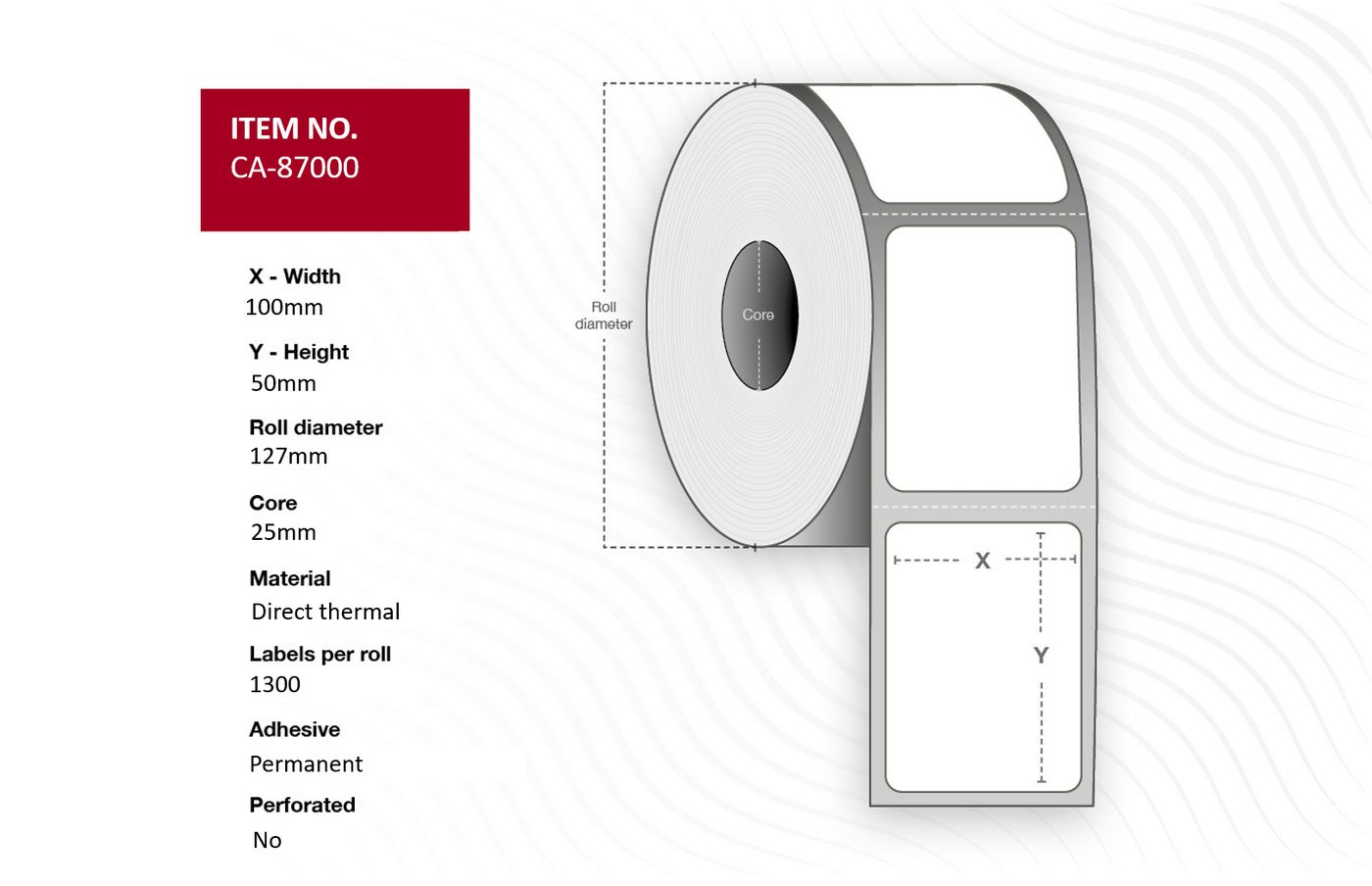 Capture - CA-87000 - Capture étiquette 100 x 50mm Core 25mm,  Direct Thermal, Coated,  Permanent, No perforation, 1300 labels per roll, 4 rolls per box.