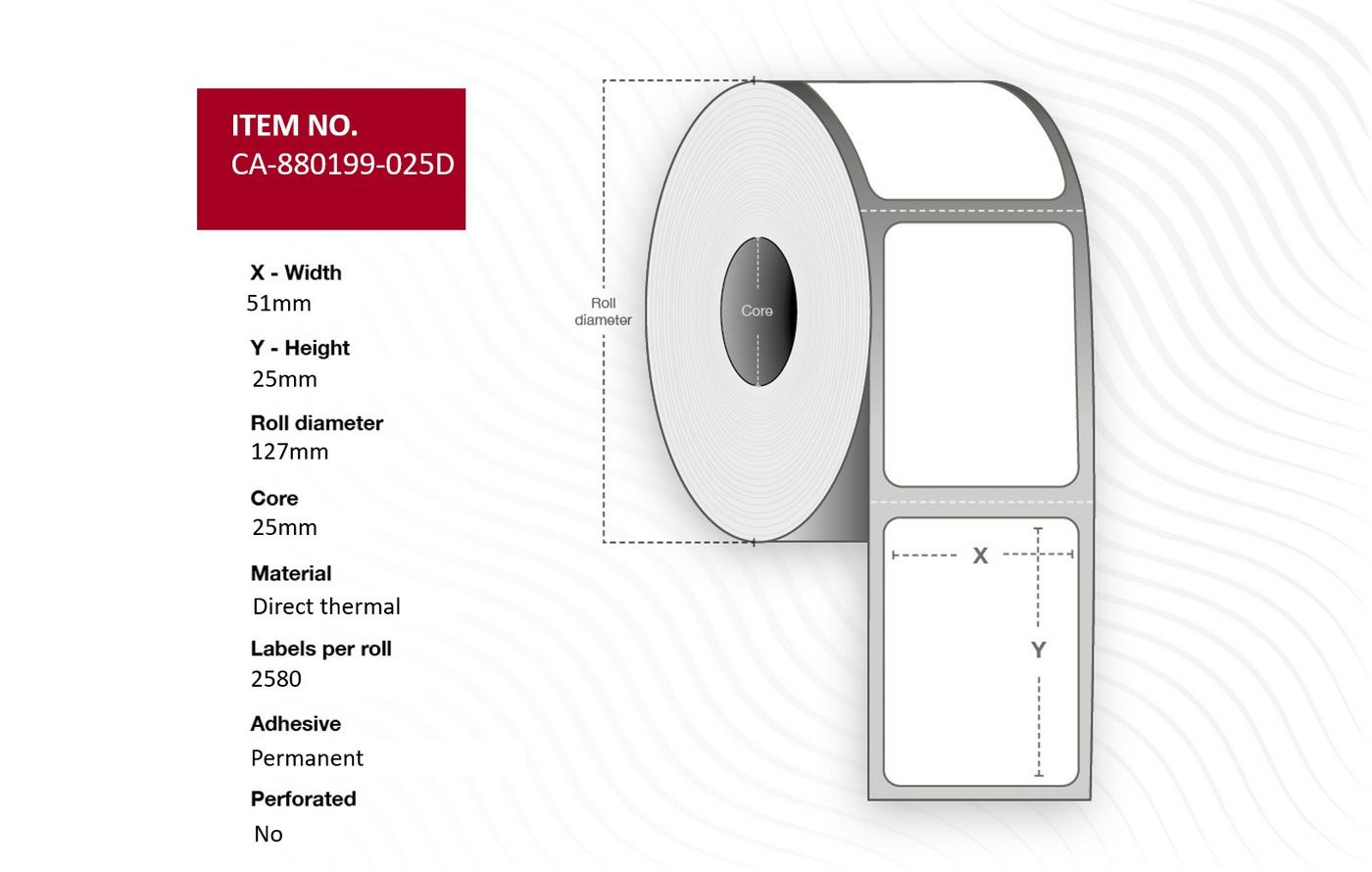 Capture - CA-880199-025D - Capture étiquette 51 x 25mm, Core 25mm,  Direct Thermal, Coated,  Permanent, No perforation, 2580 labels per roll, 12 rolls per box