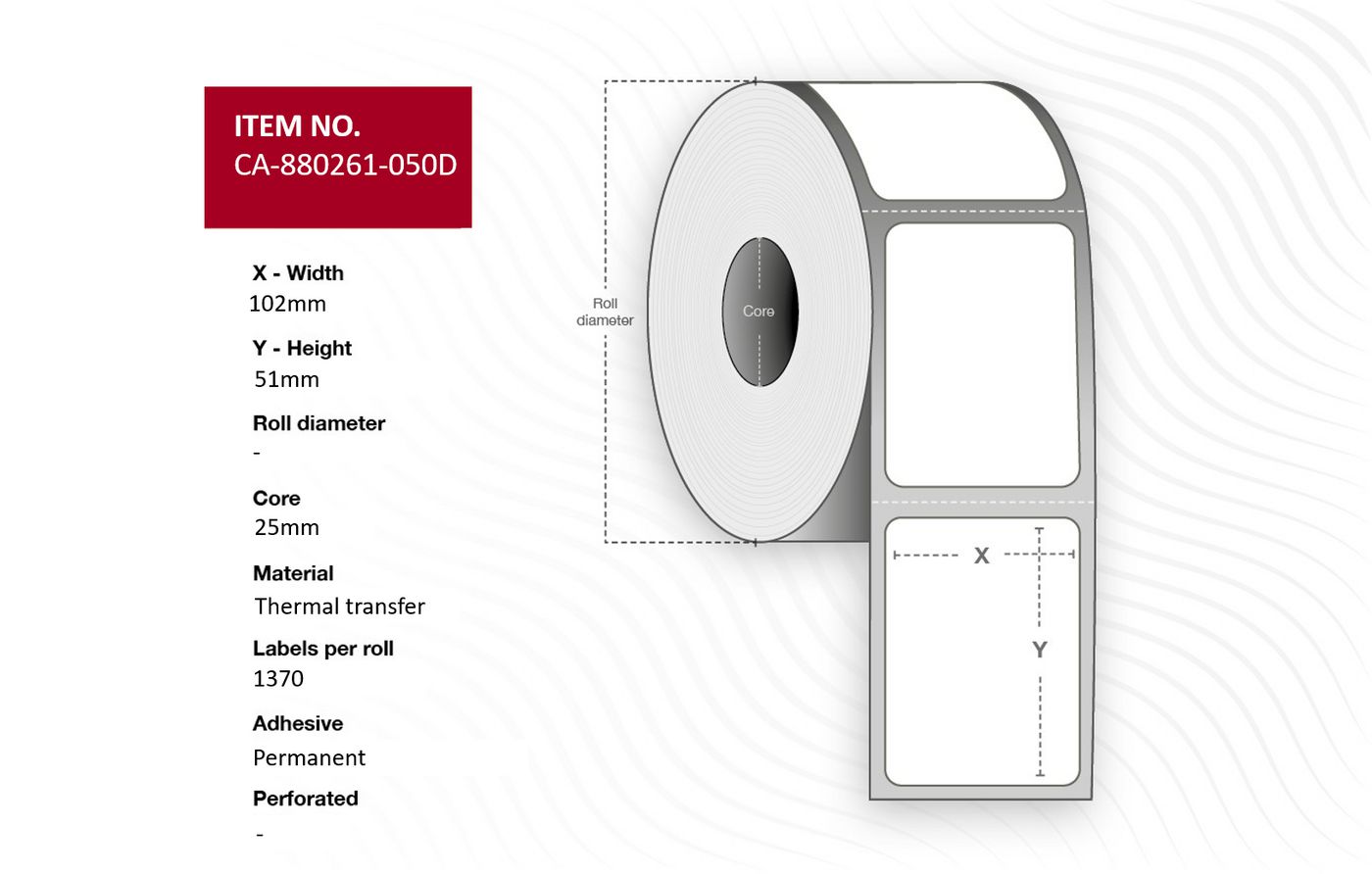 Capture - CA-880261-050D - Capture étiquette 102 x 51mm, Core 25mm,  Thermal Transfer, Polyester,  Permanent, No perforation. 1370 labels per roll, 12 rolls per box.
