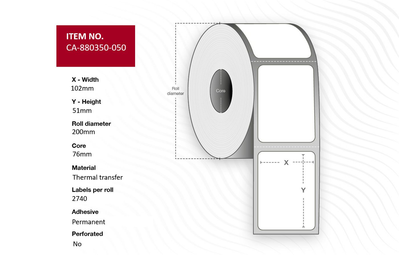 Capture - CA-880350-050 - Capture étiquette 102 x 51mm, Core 76mm,  Thermal Transfer, Polyester,  Permanent, No perforation, 2740 labels per roll, 4 rolls per box.