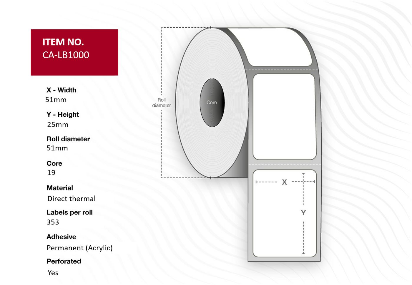 Capture - CA-LB1000 - Capture étiquette 51x25, Core 19, Direct  Thermal, White uncoated  paper, Permanent, Diameter 51 mm, 353 labels per roll, 16 rolls per box