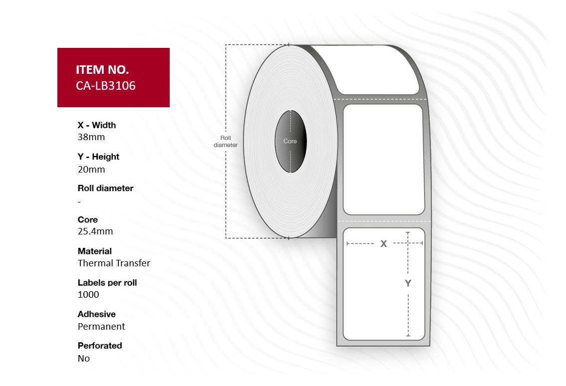 Capture - CA-LB3106 - Capture étiquette 38 x 20 mm, Core 25,4  mm. Transparent PP/PE.  Permanent for outdoor use. 1000 lb/roll.