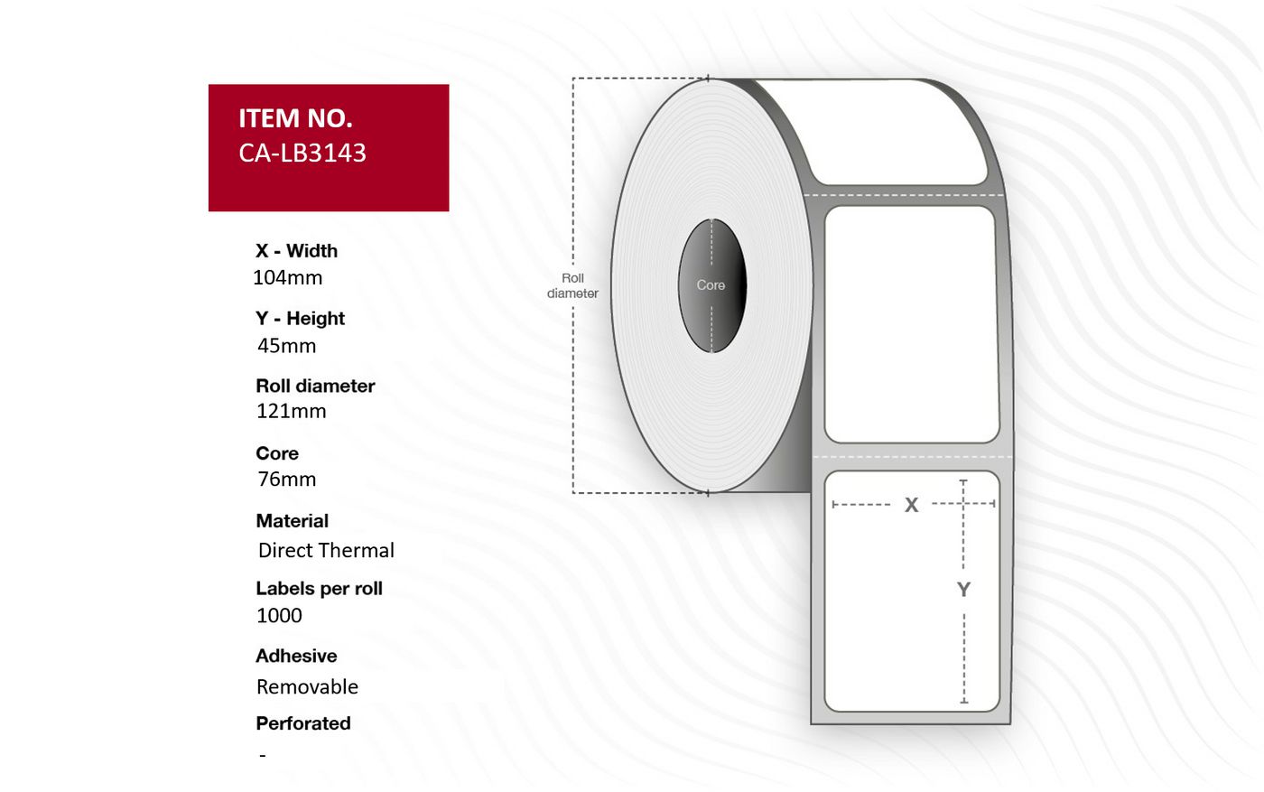 Capture - CA-LB3143 - Capture étiquette 104 x 45mm, Core 76mm,  Direct thermal, Uncoated,  Removable adhesive, Outer diameter 121mm. 1000 labels per roll, 18 rolls per