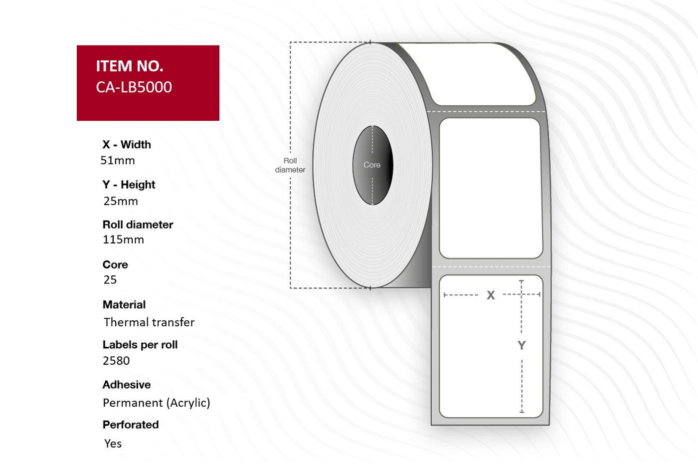 Capture - CA-LB5000 - Capture étiquette 51x25, Core 25, Thermal  Transfer, White matt coated,  Permanent, Diameter 115 mm, 2580 labels per roll, 8 rolls per box