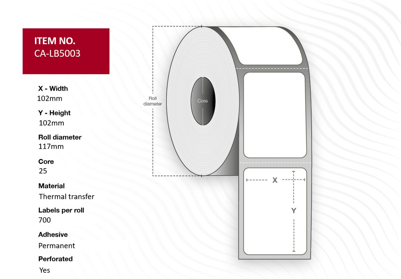 Capture - CA-LB5003 - Capture étiquette 102x102, Core 25,  Thermal Transfer, White matt  coated, Permanent, Max Diameter 117 mm. 700 labels per roll, 12 rolls per box