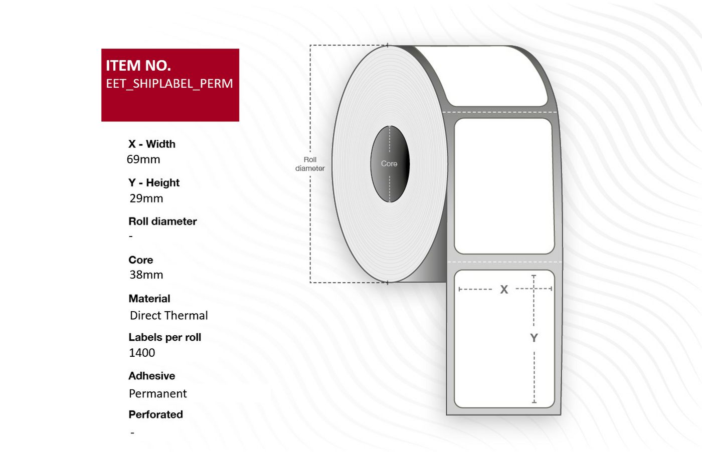 Capture - EET_ITEMLABEL_PERM - Capture étiquette 69x29mm, Core 38.  Direct Thermal, Permanent  Adhesive, 1400 labels per roll, 24 rolls per box