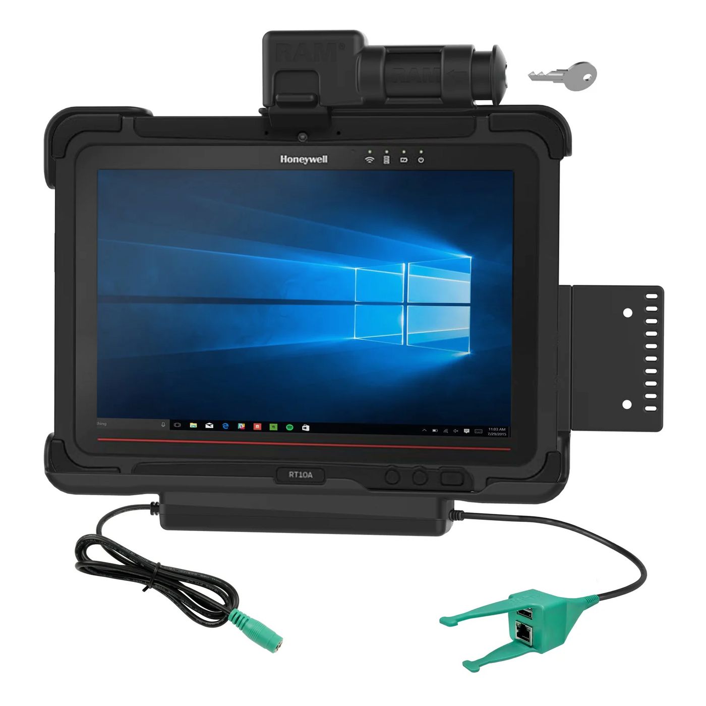 RAM Mounts - RAM-HOL-HON9PDKL-RJ45AU - RAM Mounts RAM POWER & DATA SPRING  LOADED KEY LOCK CRADLE FOR  HONEYWELL RT10 TABLETS WITH 5.5MM FEM DC, RJ-45, & USB A