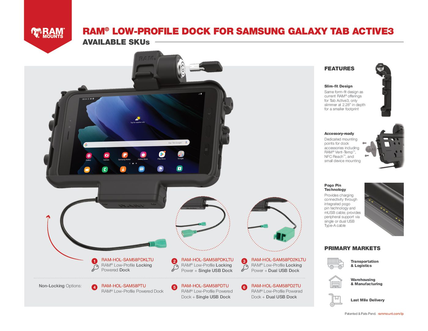 RAM Mounts - RAM-HOL-SAM58PKLTU - Station d'accueil verrouillable à profil bas pour Tab Active3