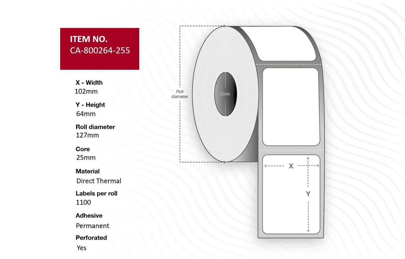 Capture - W128432990 - Étiquette 102 x 64mm, mandrin 25mm, thermique direct, enduit, permanent, perforé, 1100 étiquettes par rouleau, 12 rouleaux par boîte