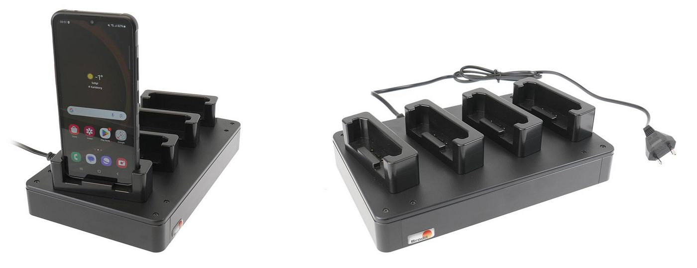 BRODIT - W128955400 - Support de table, station d'accueil de bureau à 4 voies, câble d'alimentation, adaptateurs, broches de chargement Pogo. Samsung Galaxy Xcover 7